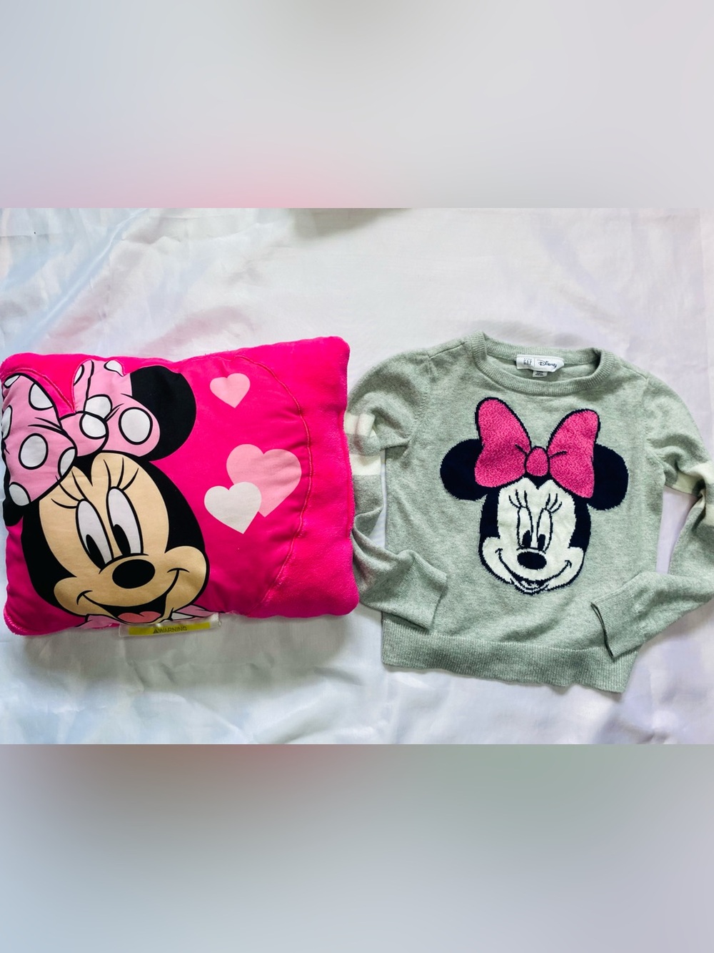 Disney Gray Sweater with Pink Minnie Bow Accent Pillow